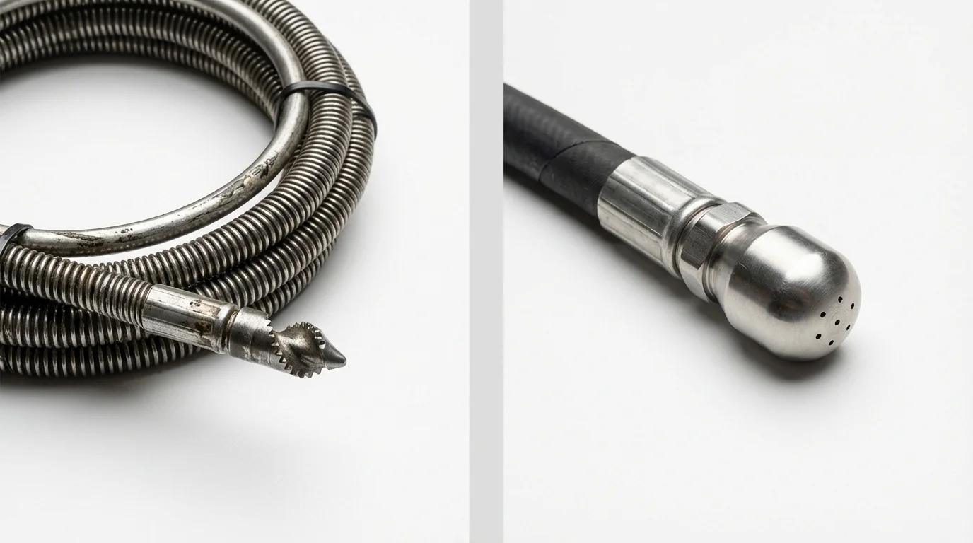 Drain snake cable and hydro jetting nozzle used for drain cleaning in Hermiston, OR