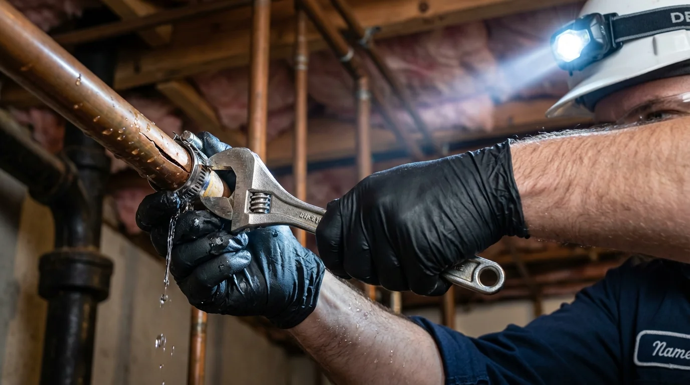 Emergency pipe clamp repair being performed by a Johns Plumbing LLC plumber in Hermiston