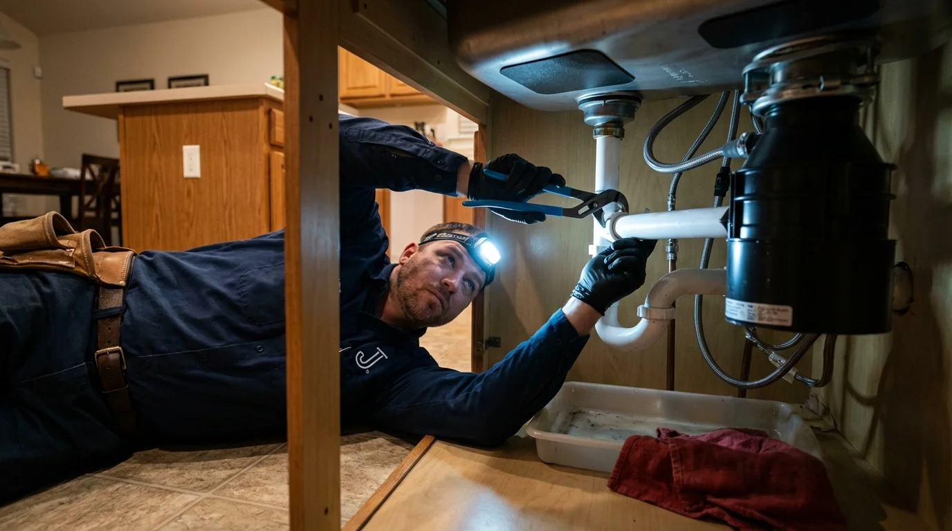P-trap and supply line connections under a kitchen sink showing a common leak point in Hermiston, OR
